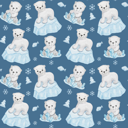 Seamless pattern with cute polar baby bear. Watercolor cartoon hand drawn childish winter patternの写真素材