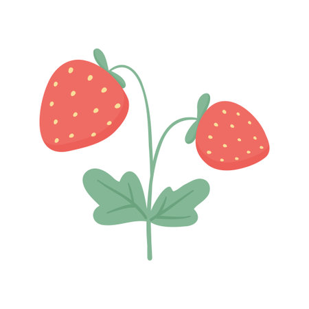 Red berry strawberry with green leaves isolated on white background. Vector illustration in flat cartoon styleのイラスト素材