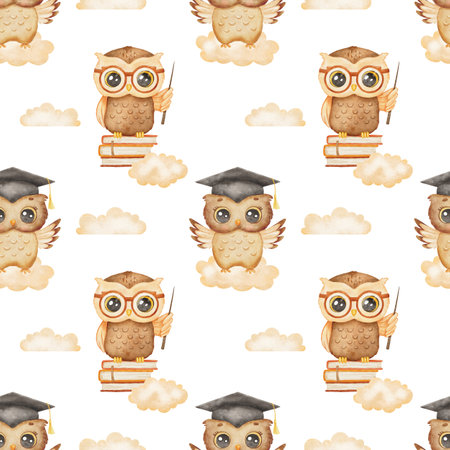 Seamless watercolor hand drawn pattern with cute little owls with student graduation hat for children and newborn fabric.の写真素材