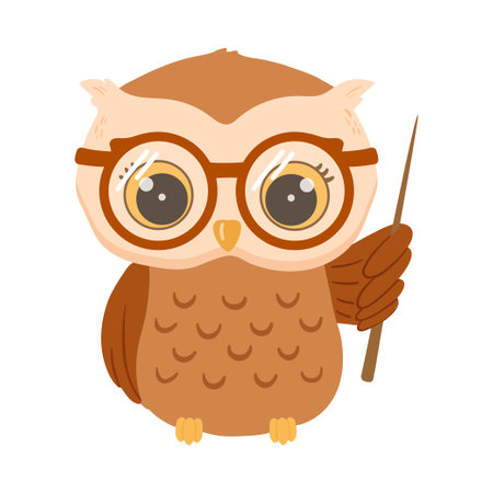 Vector cute baby owl with glasses and pointer. Hand drawn character smart bird isolated on white background. Woodland illustration for kidsのイラスト素材