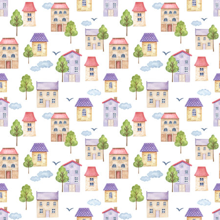 Seamless watercolor pattern with cute houses. Hand drawn pink and violet old and cozy buildings for children and newborn fabric.の写真素材