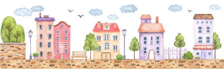 Hand drawn watercolor European city street. Houses, benches, trees and lanterns on a cobblestone road. Hand drawn illustrationの写真素材