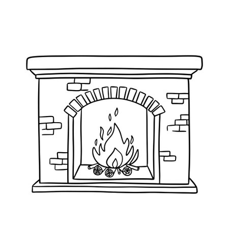 Fireplace with burning fire. Cozy symbol of warmth and family traditions. Hand drawn line doodle illustration isolated on whiteのイラスト素材