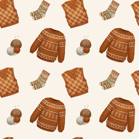 Seamless pattern with cozy sweater with winter ornaments and knitting. Hand drawn illustrationsの写真素材