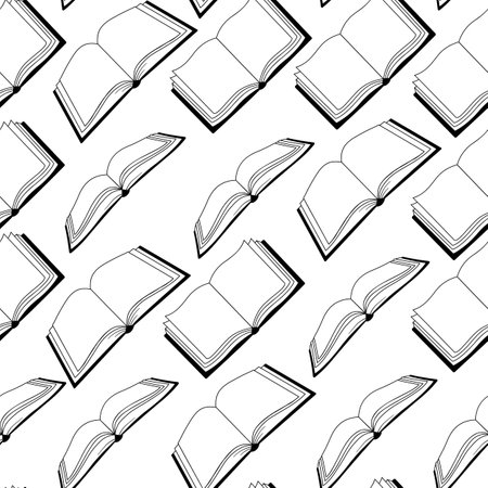 Vector line monochrome seamless pattern with open booksのイラスト素材