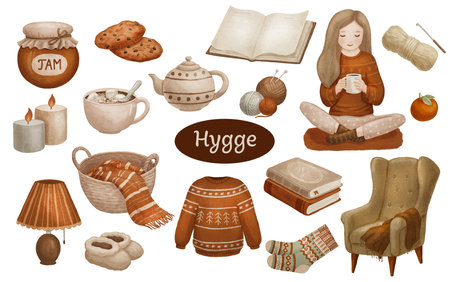 Set of watercolor cute cartoon illustrations on theme of cozy autumn or winter for stickers and cards. Hygge objects. Sweater, candles, cocoa, armchair and girl with coffee. Hand drawn clip arts isolated on white background.の写真素材