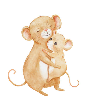Two cute beige mice hugging. Mom mouse holds baby in arms. Watercolor hand drawn childish illustration isolated on whiteの写真素材