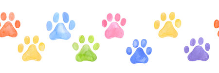 Dog paw seamless border. Multicolored puppy or cat paw track. Abstract endless animal backgroundの写真素材