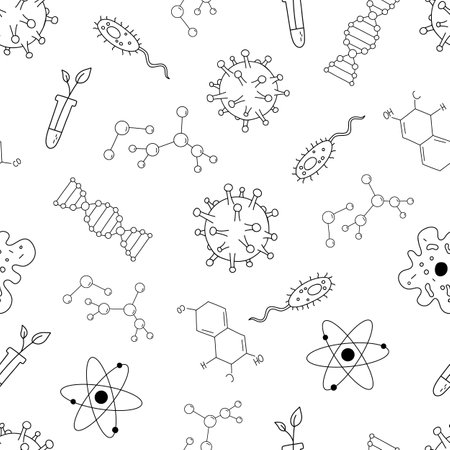 Seamless vector monochrome pattern with science and education line illustrations. Outline sketches on white background. chemistry, biology doodle.のイラスト素材