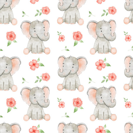 Seamless pattern with cute sitting elephant and pink flowers. Endless watercolor pattern for textiles or fabric for newborns. Cartoon happy baby elephantの写真素材