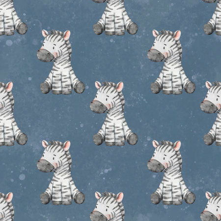 Seamless pattern with cute sitting zebra. Endless watercolor pattern for textiles or fabric for newborns. Cartoon happy baby zebra on blue backgroundの写真素材