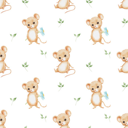 Seamless pattern with cute little sitting mouse character on white background. Endless watercolor pattern for textiles or fabric for newborns. Cartoon happy baby rat with flowerの写真素材