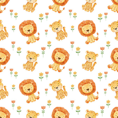 Seamless pattern with cute sitting lion and cheetah on white. Endless watercolor pattern for textiles or fabric for newborns. Cartoon happy baby animalsの写真素材