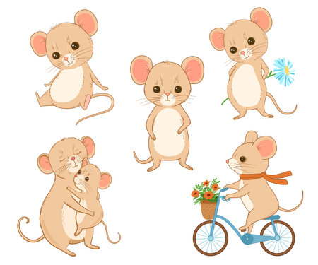 Cute mice character set. Vector cartoon flat illustration isolated on white background. Funny baby animal collection. Mouse riding bike with basket. Pet baby and motherのイラスト素材