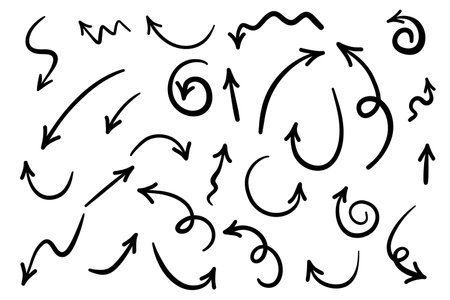 Hand drawn cross line doodle arrows set. Vector curvy and wavy arrow isolated.のイラスト素材