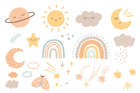 Bohemian rainbow elements of weather and nature in pastel colors isolated on white background. Scandinavian vector cute rainbow with heart, sun, cloud and sleeping moonのイラスト素材