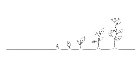 Continuous one line drawing growing plant. Seeds sprout in ground. Seedling gardening plants, sprouts. Single line draw vector graphic illustrationのイラスト素材