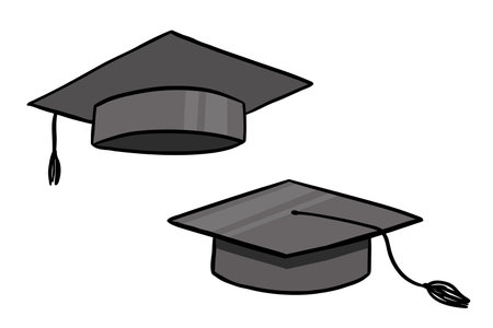 Graduate hat color illustrations set. Hand drawn university caps. Academic hat icon isolated on whiteのイラスト素材