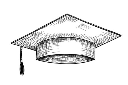 Graduate hat sketch. Hand drawn university cap in etching style. Academic hat illustrationのイラスト素材