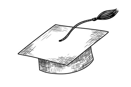 Graduate hat hand drawn sketch. Flying university cap in etching style. Academic hat monochrome illustrationのイラスト素材