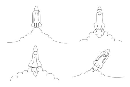 Rocket one line icons set. Spaceship isolated illustration. Startup outline vector symbol. Single line drawing.のイラスト素材