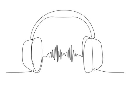 One line headphones with sound wave. Continuous drawing of music gadget. Continuous linear sketch.のイラスト素材