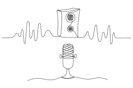 One line mic and music column. Outline continuous simple art. Symbol of radio, podcast and karaoke in doodle style. Hand drawn vector illustrationのイラスト素材