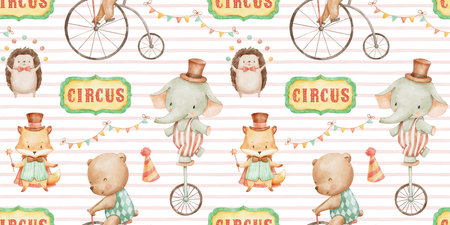Seamless striped pattern with watercolor cute circus animal characters. Hand drawn repeat backdrop for nursery, kids and baby textile or fabric.の写真素材