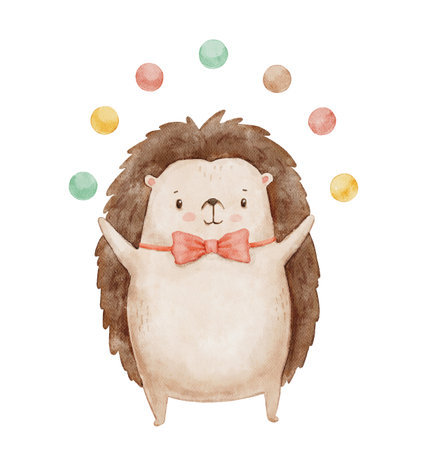 Watercolor cute baby circus hedgehog with colorful balls. Funny animal juggler. Hand drawn isolated illustration for kids and nurseryの写真素材