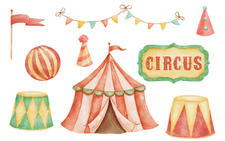 Circus watercolor hand drawn illustrations set for nursery and kids. Tent, stand for circus animals and garland of flags isolatedの写真素材
