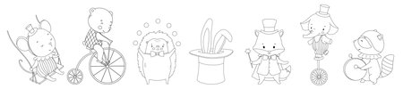 Outline cute baby circus animals set. Funny bear on retro bike in vintage costume. Hand drawn isolated line illustration for coloring bookのイラスト素材