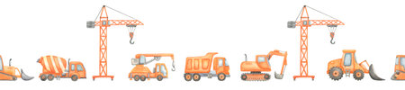 Seamless border with childish construction vehicles. Hand drawn watercolor clipart set on isolated background. Nursery wall art for boys, frames and fabrics.の写真素材