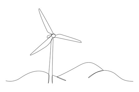 Wind generator on ground one line sketch, windmill single continuous line art drawing.のイラスト素材
