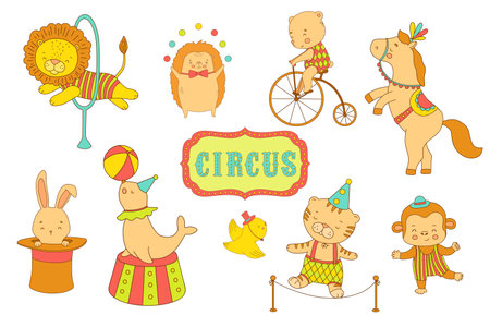 Circus cute animals, color illustrations set for nursery and kids. Woodland baby characters - elephant, bear on bike and bunny in magic hatのイラスト素材
