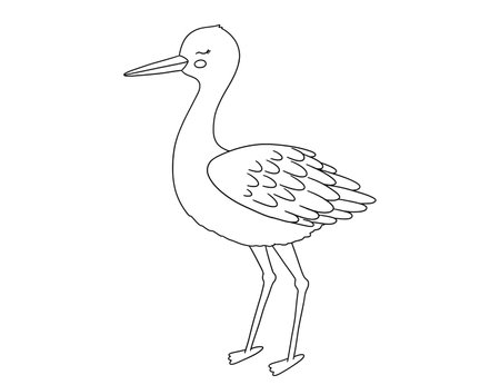 Outline drawing stork character. Bird as symbol for baby shower, pregnancy. Vector line sketch for coloring book. Cute hand drawn doodle illustrationのイラスト素材