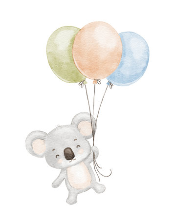 Cute koala is flying with balloons. Watercolor animalの写真素材