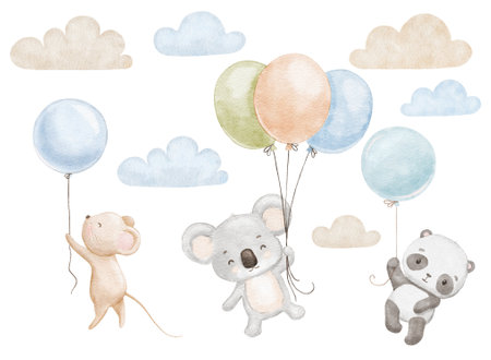 Cute baby panda, koala and mouse are flying with balloons. Watercolor animals in clouds. Hand drawn illustrations setの写真素材