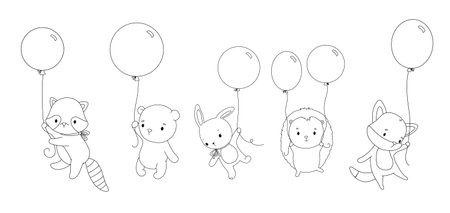 Outline cute animals with balloons. Line hand drawn illustrations set for coloring bookのイラスト素材