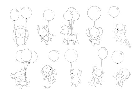 Outline cute animals with balloons collection. Line hand drawn illustrations set for coloring bookのイラスト素材