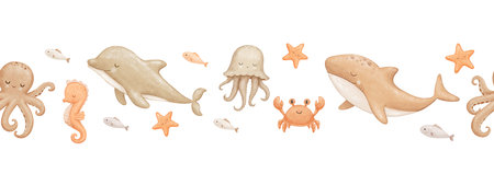 Seamless border with baby whale, octopus and jellyfish, sea animals, watercolor hand drawn isolated repeating design on white for kidsの写真素材