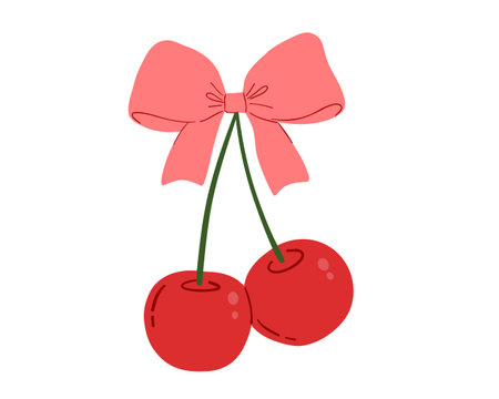 Coquette bow and cherry drawing, vector flat illustration isolated on white, red ribbon and fruitのイラスト素材