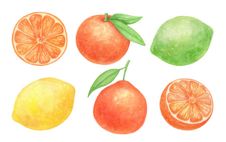 Watercolor mandarin, lime and lemon, isolated food illustration, fruit clipart setの写真素材