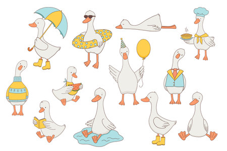 Cute cartoon goose characters set, sitting animal in puddle, beach, with watermelon, hand drawn illustration for kids. Bird in sweater, chef hat, and birthday balloon.のイラスト素材