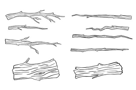 Dry tree and branch sketch isolated on white background. Hand drawn illustrations set, wood trunkのイラスト素材
