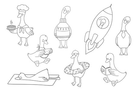 Set of cute baby goose with book, in rocket. Funny cartoon outline animal isolated on white background for childish coloring bookのイラスト素材