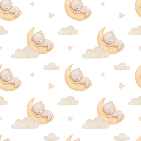 Seamless watercolor pattern with cute bear sleeping on moon in cloud, hand drawn illustrations for kidsの写真素材
