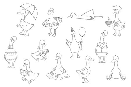 Cute baby goose with swimming ring, watermelon, umbrella. Funny cartoon outline bird illustration isolated on white background for childish coloring book, setのイラスト素材