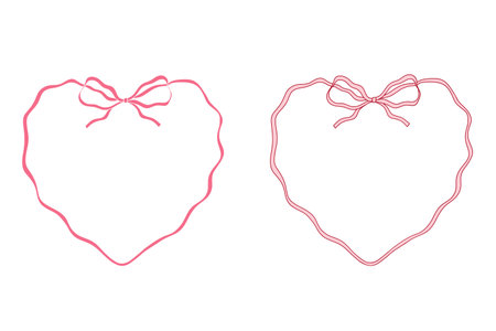 Valentine doodle frame with ribbon, bow, heart for wedding or holiday menu. Whimsical hand drawn border and pink decorative coquette line.のイラスト素材