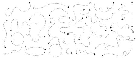 Line with plane icon for travel and flight trip, air map. Dashed route with dots and trace for airport plan or destination background. Simple graphic elements setのイラスト素材