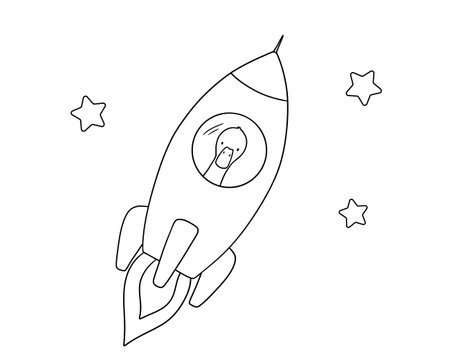 Cute baby goose in rocket. Funny cartoon outline bird isolated on white background for childish coloring bookのイラスト素材
